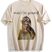 25 Wait I'm Goated Thinking Monkey Meme Brainrot vintage washed oversized T-shirt in Beige