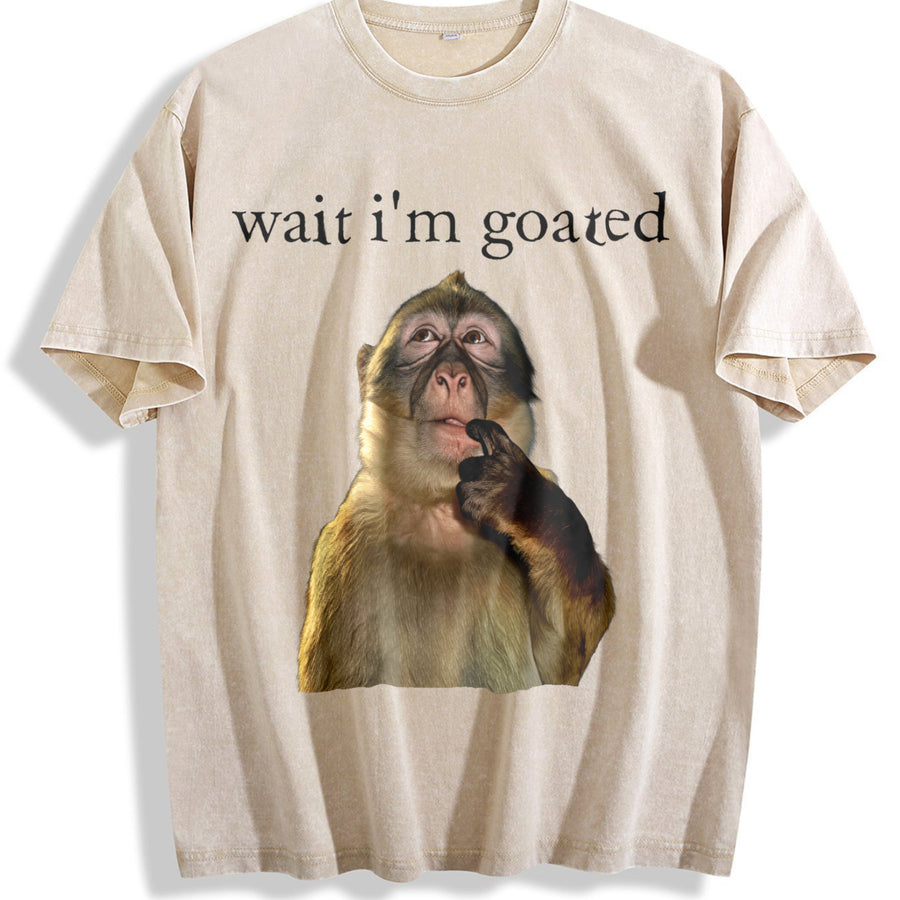 25 Wait I'm Goated Thinking Monkey Meme Brainrot vintage washed oversized T-shirt in Beige
