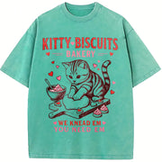 Valentines Cat Kitty Biscuits Bakery Vday Cat Lover vintage washed oversized T-shirt in Blue