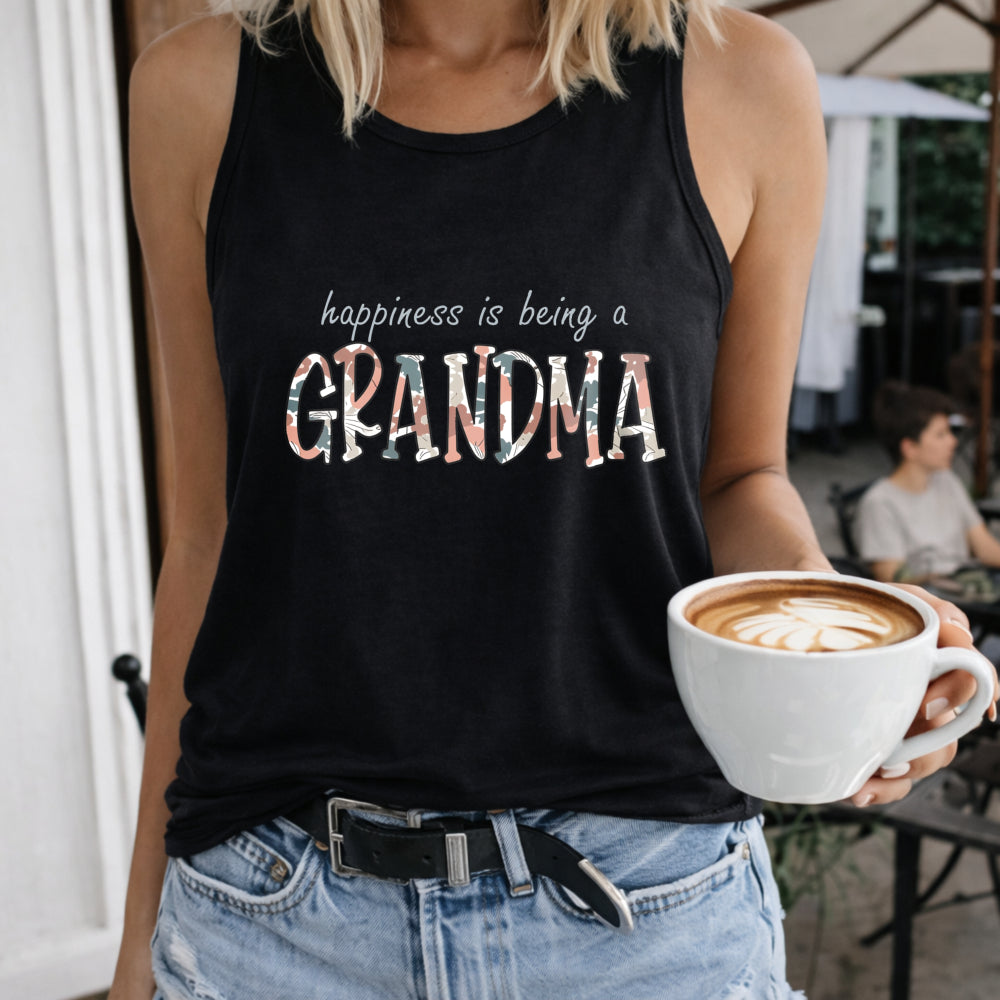 Happiness Is Being a Grandma Crew-neck Sleeveless Vest Women's Color Cotton Tank Top in Black