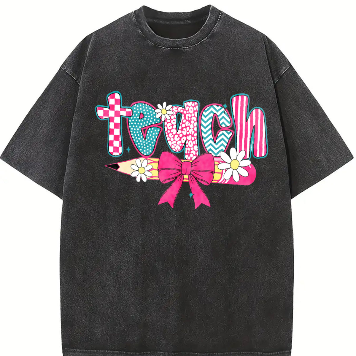 Checkered Teacher Floral Coquette Teacher Vintage Washed T-Shirt in Black
