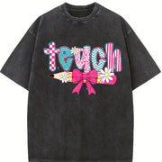 Checkered Teacher Floral Coquette Teacher Vintage Washed T-Shirt in Black