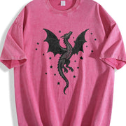 A Scale-patterned Black Dragon Round-neck Short-sleeve. Vintage Washed T-Shirt in Red