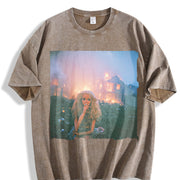 Glam Doll with a Fire Background Vintage Washed T-Shirt in Brown
