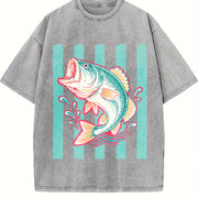 Preppy Bass Fishing Striped Bass Vintage Washed T-Shirt in Gray