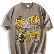 Faded Pure Short-sleeve a Flame Skull 'Rebel' Rock Vintage Washed T-Shirt in Brown