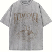 REDEEMED 220gsm - Retro Street Faithbased Soft Texture vintage washed oversized T-shirt in Gray