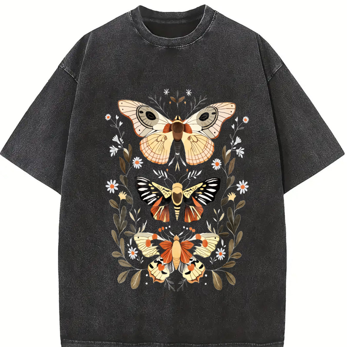 Retro-revival for Weekend Warriors Hand-drawn Moth On Vintage Washed T-Shirt in Black