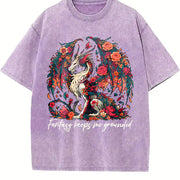 Dragon in a Bouquet of Flowers Vintage Washed T-Shirt in Purple