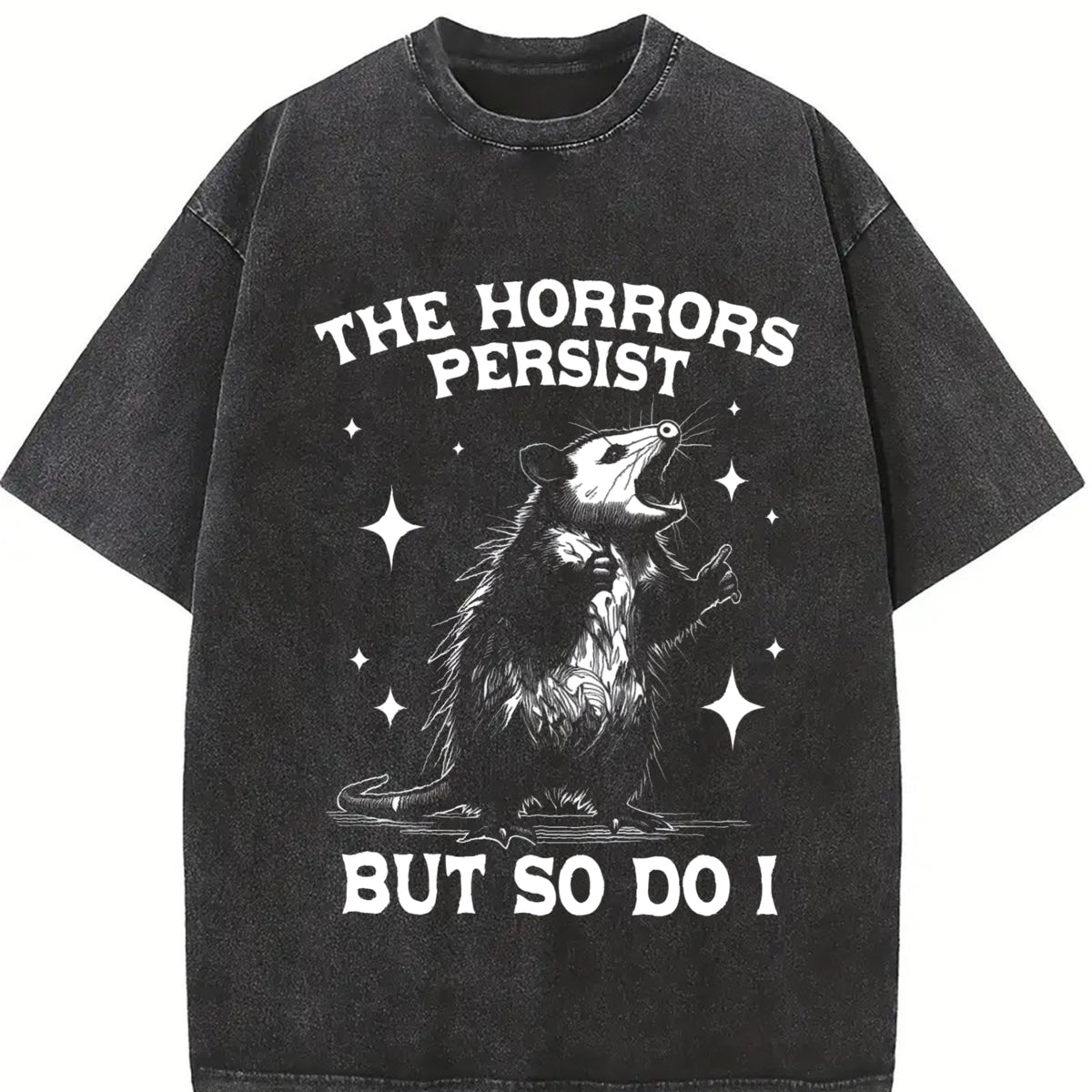 The Horrors Persist But So Do I Opossum vintage washed oversized T-shirt in Black