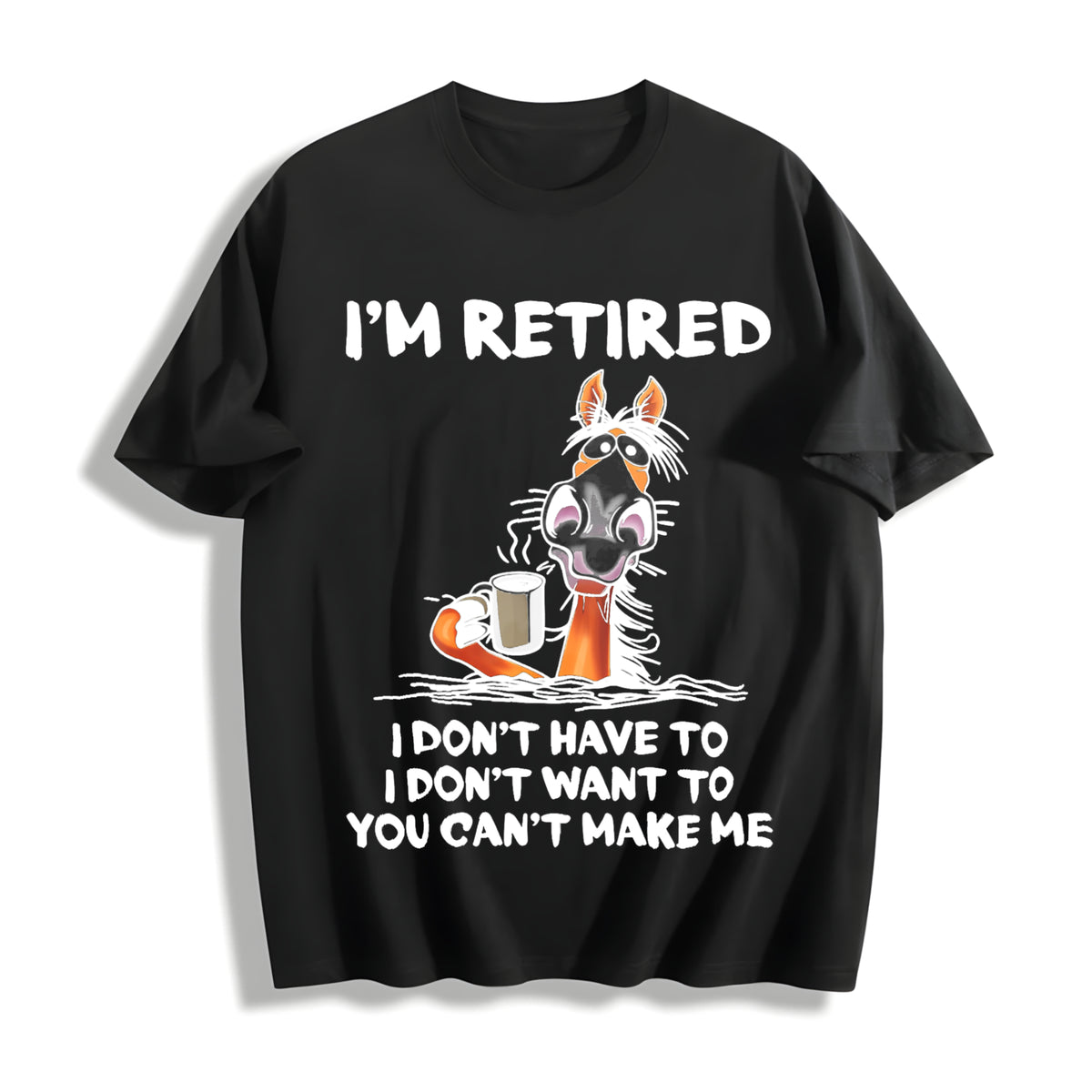 Ladies' with Cartoon Coffee Donkey Retired Cotton T-Shirt in Black