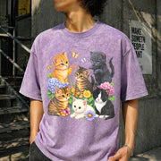 Retro Kitten 90s Cute Cats Pullover Vintage Washed T-Shirt in Purple