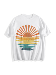 Colorful Beach Sunset Cotton T-Shirt in White