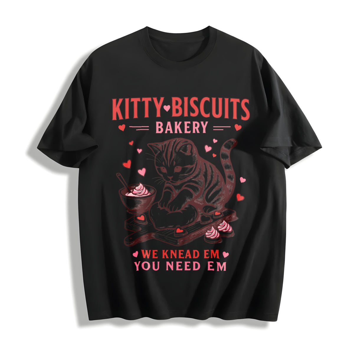 Valentines Cat Kitty Biscuits Bakery Vday Cat Lover Cotton T-Shirt in Black