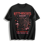 Valentines Cat Kitty Biscuits Bakery Vday Cat Lover Cotton T-Shirt in Black