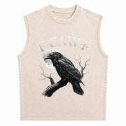 Black Crow F-caw-f Black Bird Moon Gothic Adult Humor Vintage Washed Tank Top in Beige