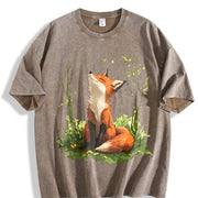Autumn a Spring Floral and Fox Round-neck Short-sleeve Vintage Washed T-Shirt in Brown
