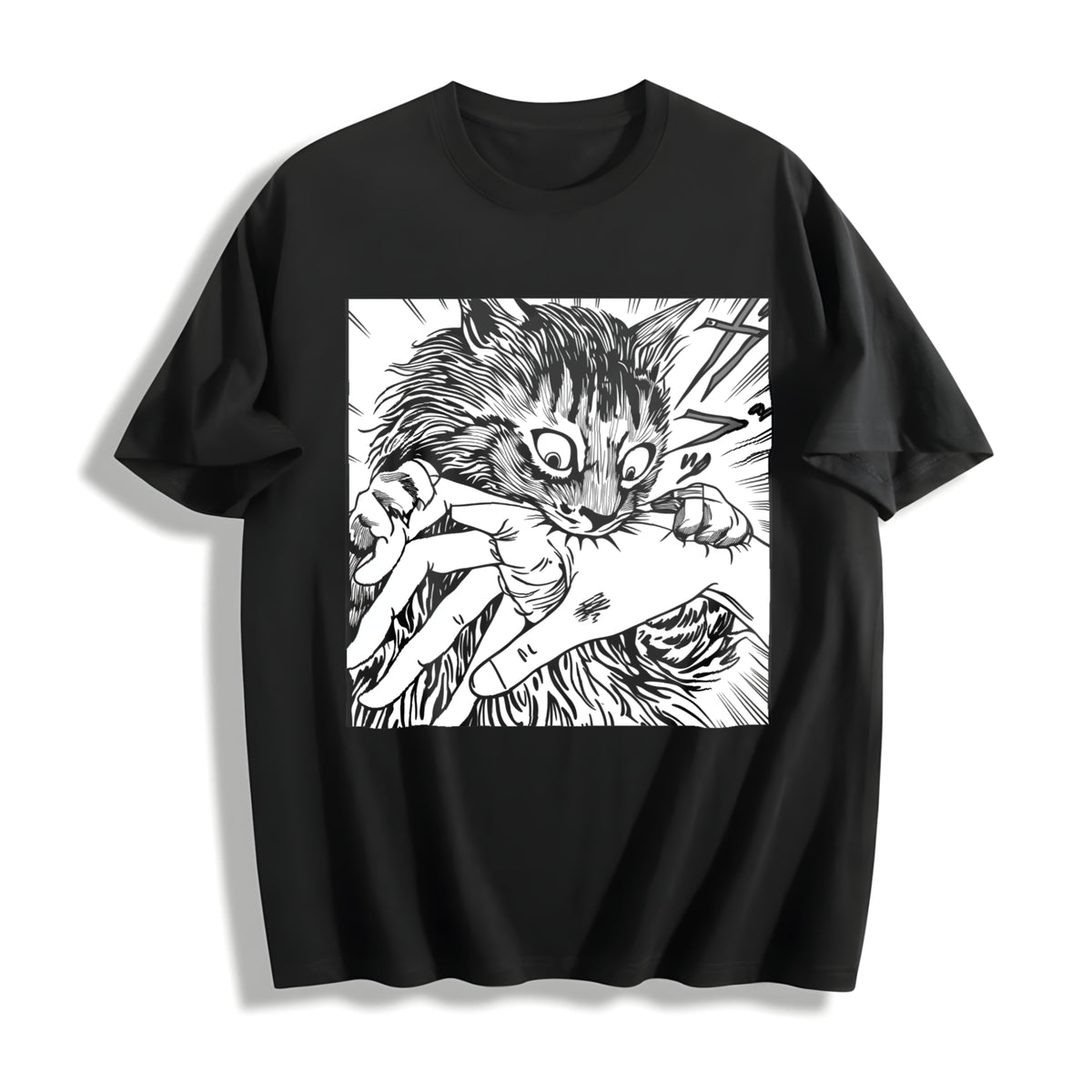 Cat Bite Japanese Horror Anime Cotton T-Shirt in Black