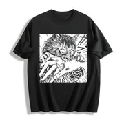 Cat Bite Japanese Horror Anime Cotton T-Shirt in Black