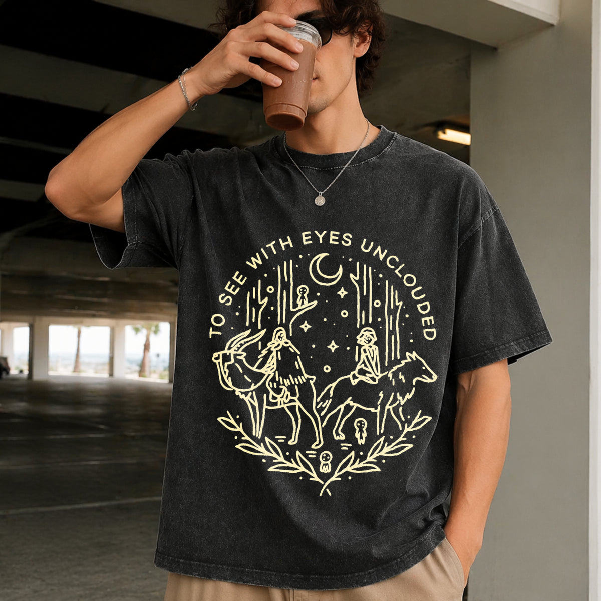 Princess Mononoke Acid 90s Vintage Washed T-Shirt in Black