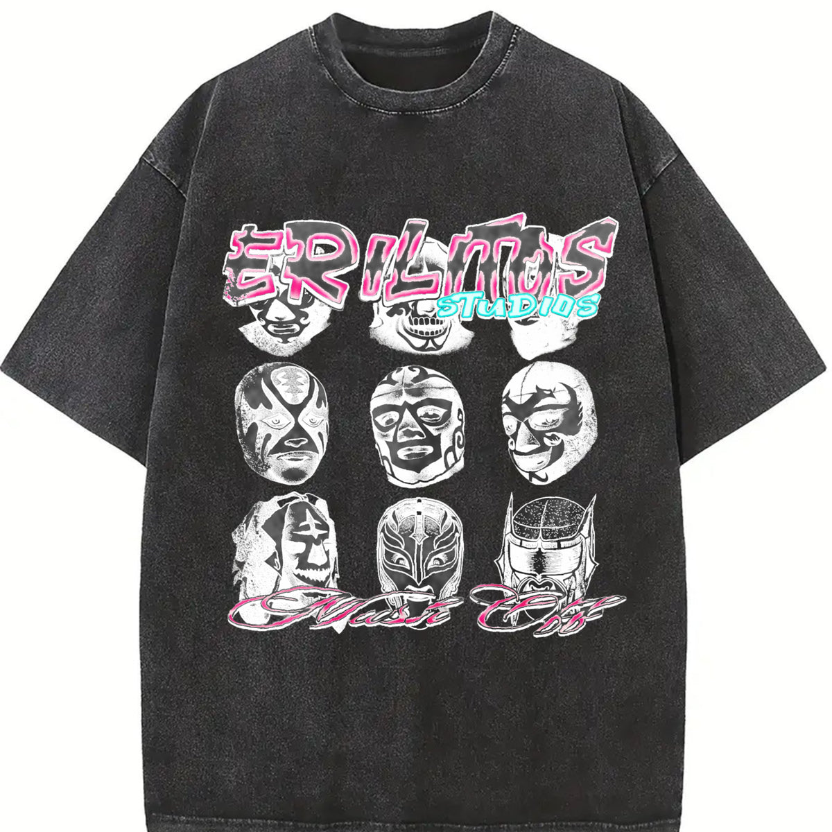 Lucha Libre Masks Retro Off-white Vintage Washed T-Shirt in Black