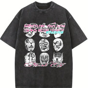 Lucha Libre Masks Retro Off-white Vintage Washed T-Shirt in Black