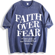 Retro 230 Pure 'FAITH OVER FEAR' Letter Fashionable vintage washed oversized T-shirt in Blue