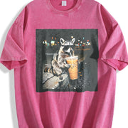 Raccoon Drinking Iced Coffee Vintage Washed T-Shirt in Red