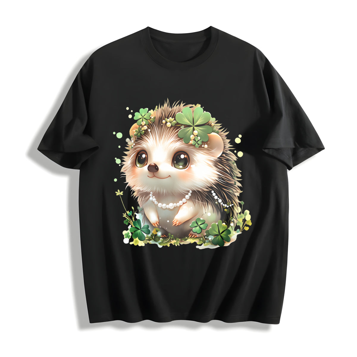Hedgehog with Jewelry and Lucky Four-leaf Clover Cotton T-Shirt in Black