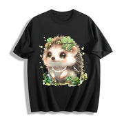 Hedgehog with Jewelry and Lucky Four-leaf Clover Cotton T-Shirt in Black