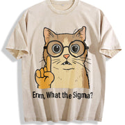 Sigma Cat Meme Geeky Nerd Vintage Washed T-Shirt in Beige