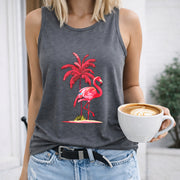 Flamingo Palm Tree Women's Color Cotton Tank Top in Gray