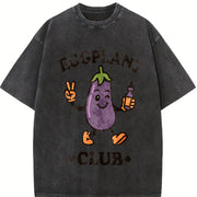 Eggplant Club Veggie Lover Retro Cartoon Vintage Washed T-Shirt in Black