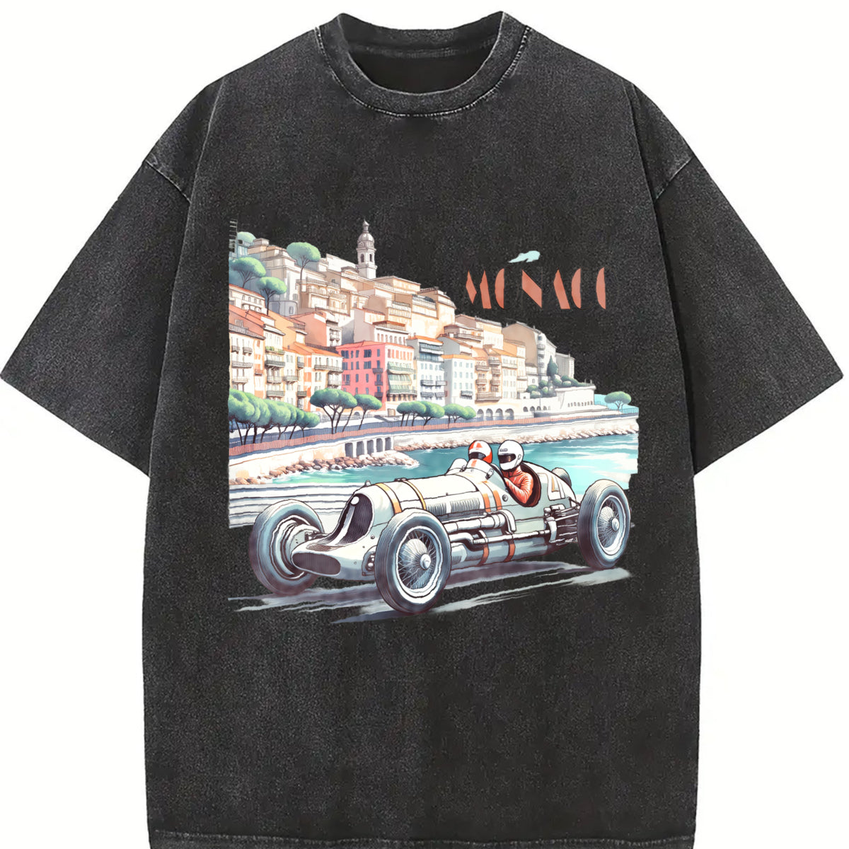 Monaco 1937 Racer Race Car Retro Vintage Washed T-Shirt in Black