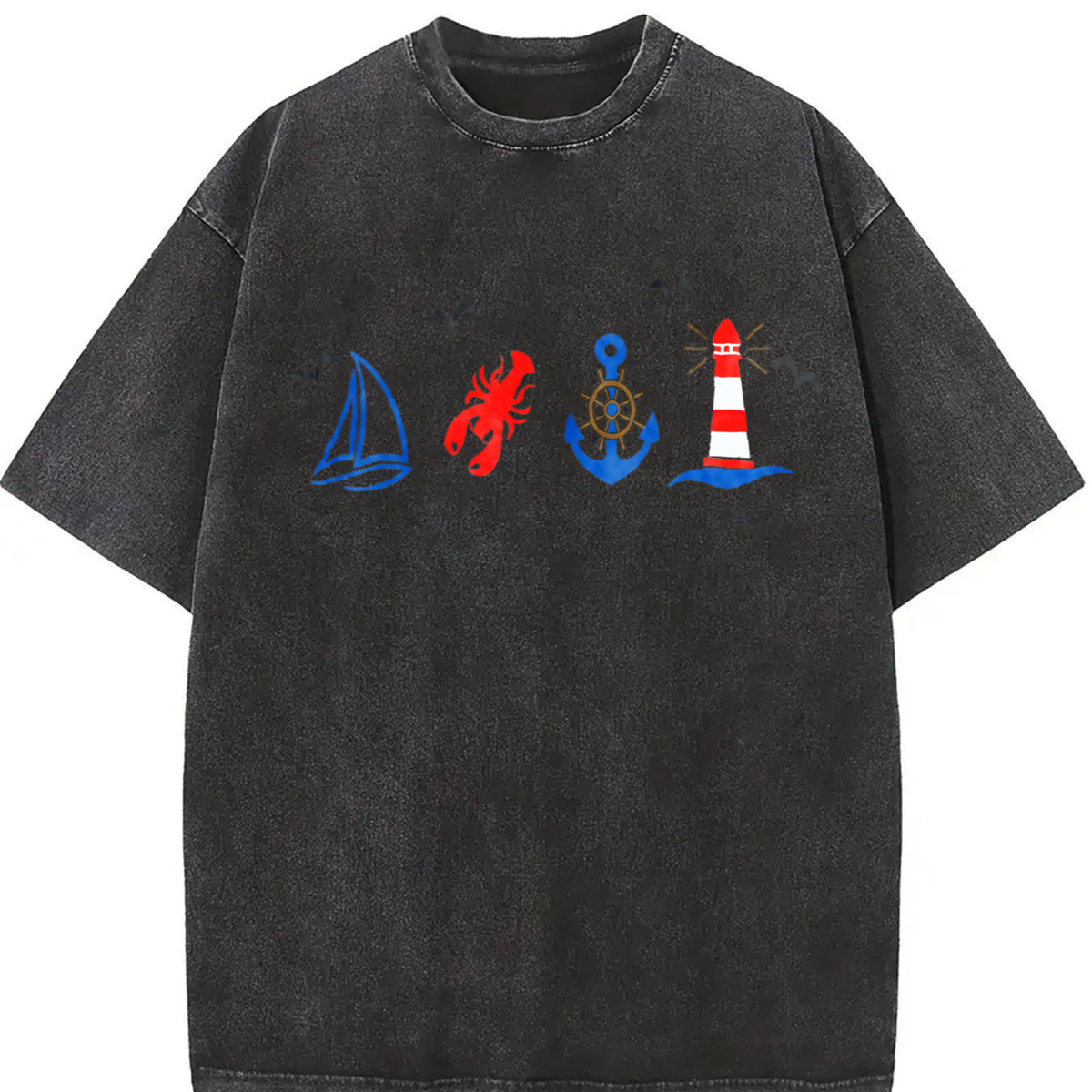 Coastal Nautical Embroidered Vintage Washed T-Shirt in Black