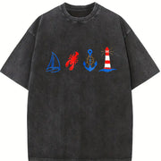 Coastal Nautical Embroidered Vintage Washed T-Shirt in Black