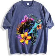 Sea Turtle Hawaiian Flowers Hawaii Scuba Diving Diver vintage washed oversized T-shirt in Blue
