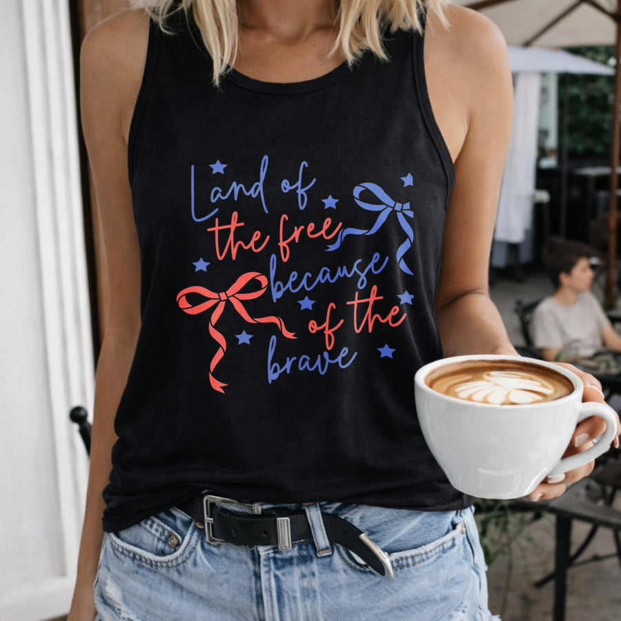 Land of the Free Because of the Brave Svg Png Coquette Women's Color Cotton Tank Top in Black