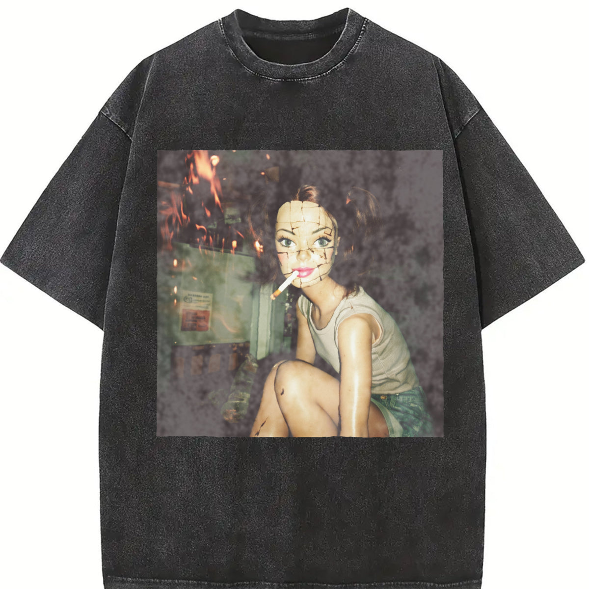 Smoking Glam Doll at the Bar Vintage Washed T-Shirt in Black