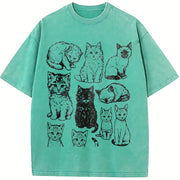 Cats 90s Tattoo Style Retro Y2k Kitten Cat Lovers vintage washed oversized T-shirt in Blue