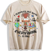 I Survived 100 Days Vintage Washed T-Shirt in Beige