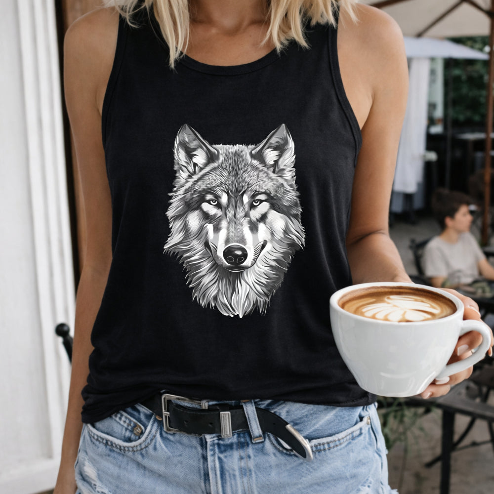 Wolf Portrait Women's Color Cotton Tank Top in Black