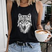 Wolf Face Art Crew-neck Sleeveless Vest Outdoor Women's Color Cotton Tank Top in Black