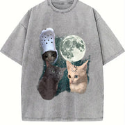 Three Cats Retro Moon Vintage Washed T-Shirt in Gray