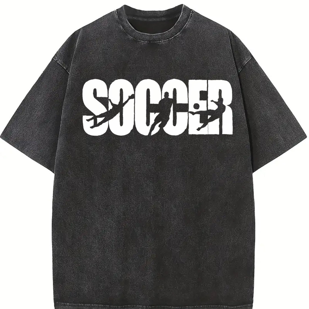 Soccer Distressed Typography Vintage Washed T-Shirt in Black