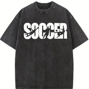 Soccer Distressed Typography Vintage Washed T-Shirt in Black