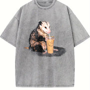 Opossum Drinking Iced Coffee Vintage Washed T-Shirt in Gray
