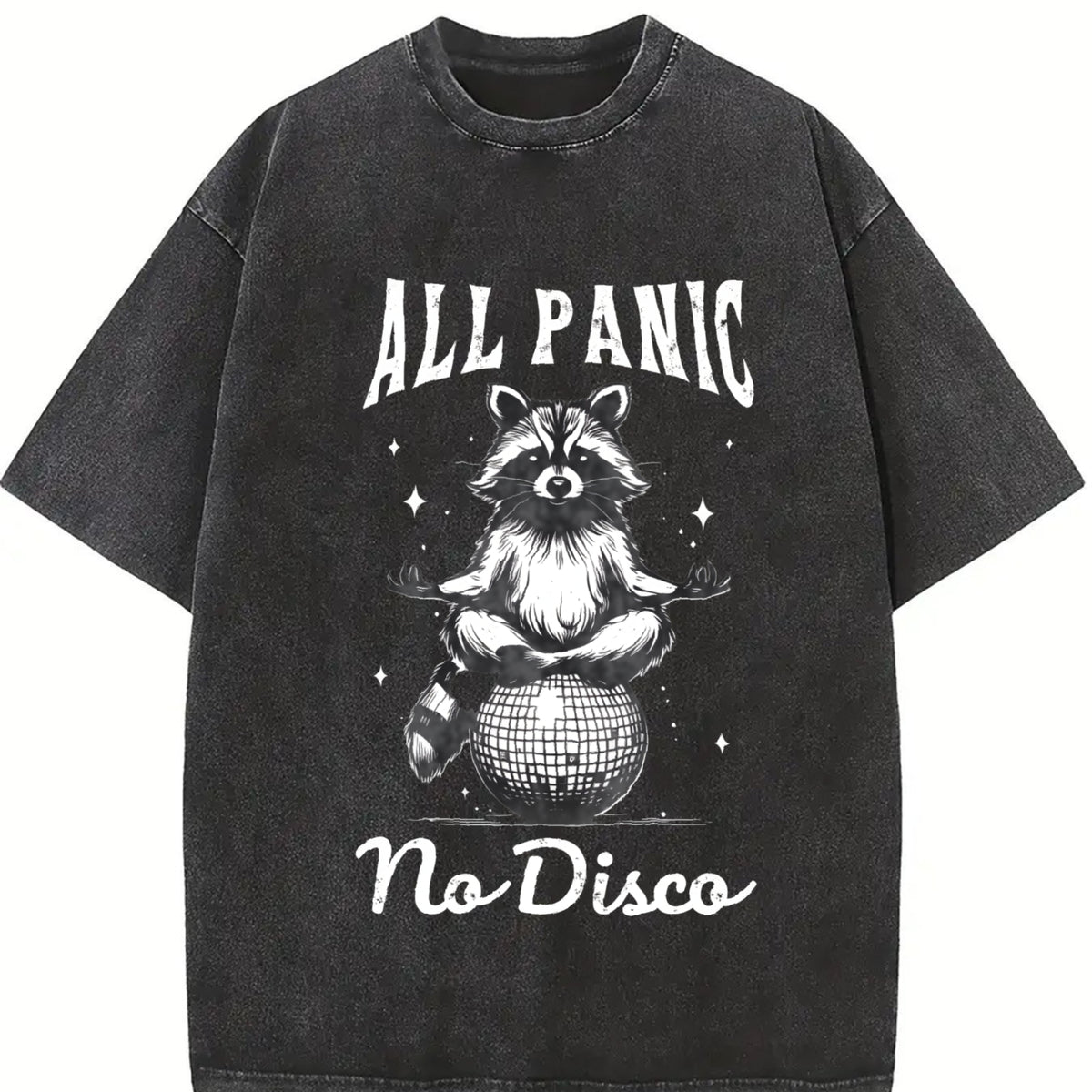 Retro Raccoon All Panic No Disco 90s Vintage Washed T-Shirt in Black