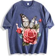 Elegant S Floral Soft Breathable Pink Rose and Green vintage washed oversized T-shirt in Blue
