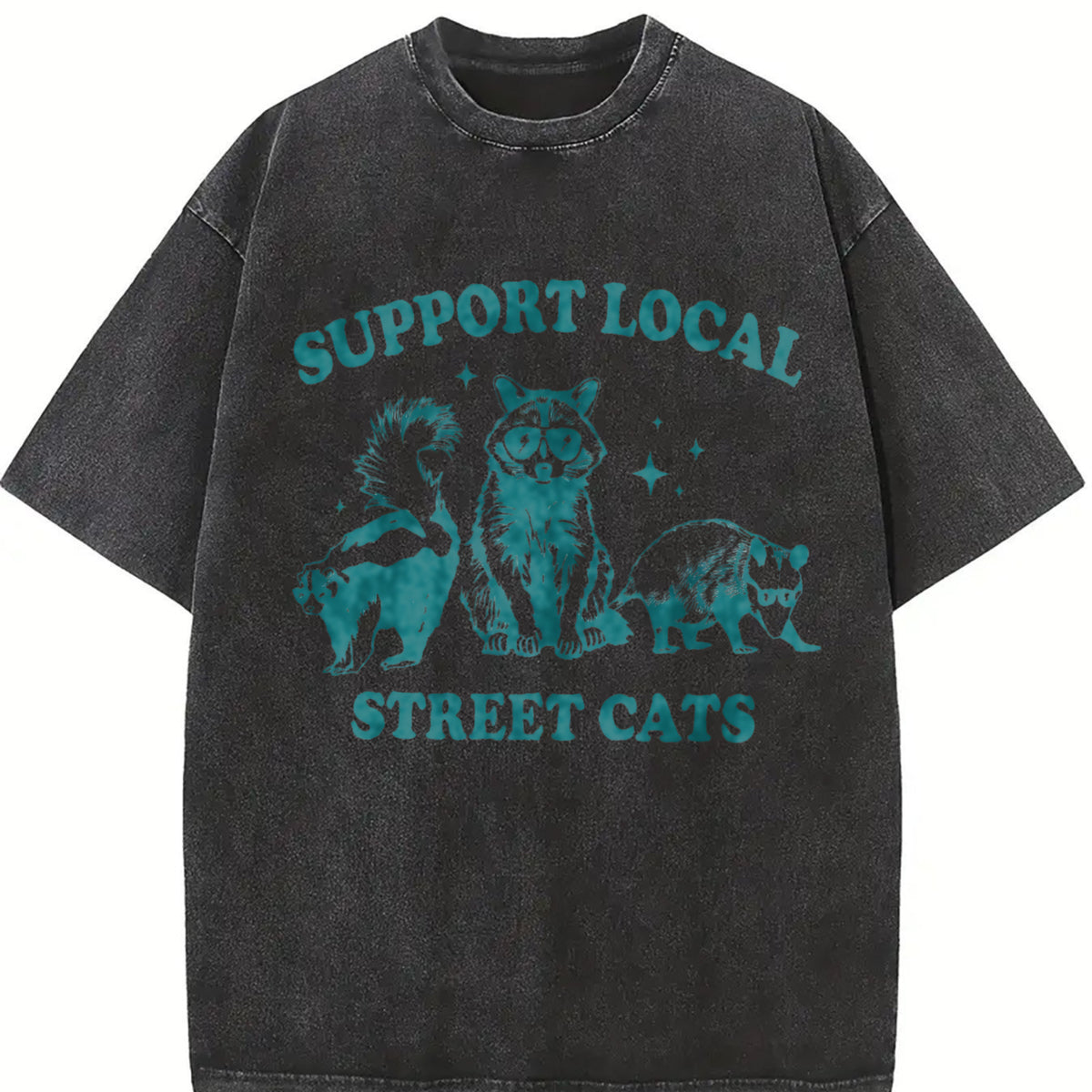Support Local Street Cats Raccoon Retro 90s vintage washed oversized T-shirt in Black